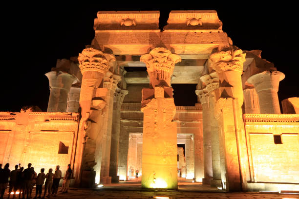 The illuminated Temple of Sobek in Kom Ombo on the Nile River, Egypt